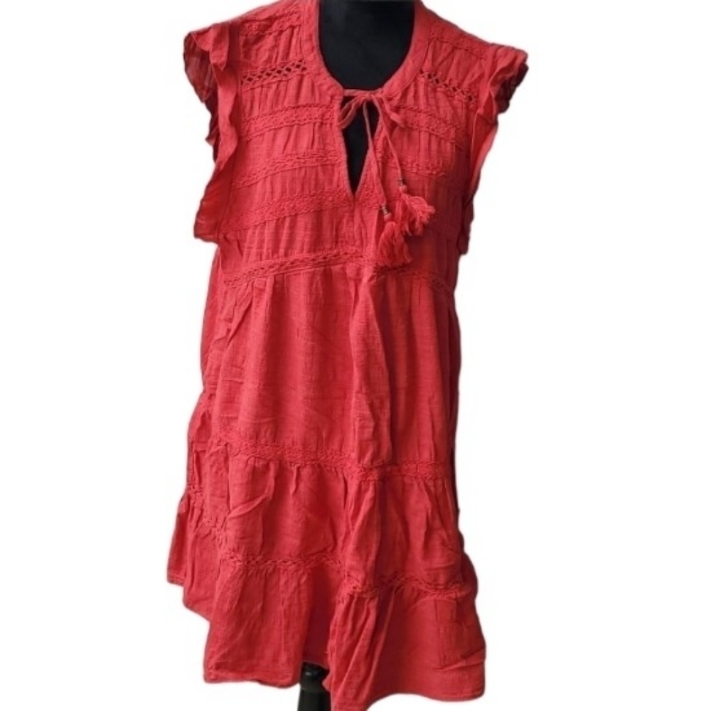 Knox Rose Dress Size XXL Red Boho Midi Babydoll Tiered V Neck Tie Cap Sleeve